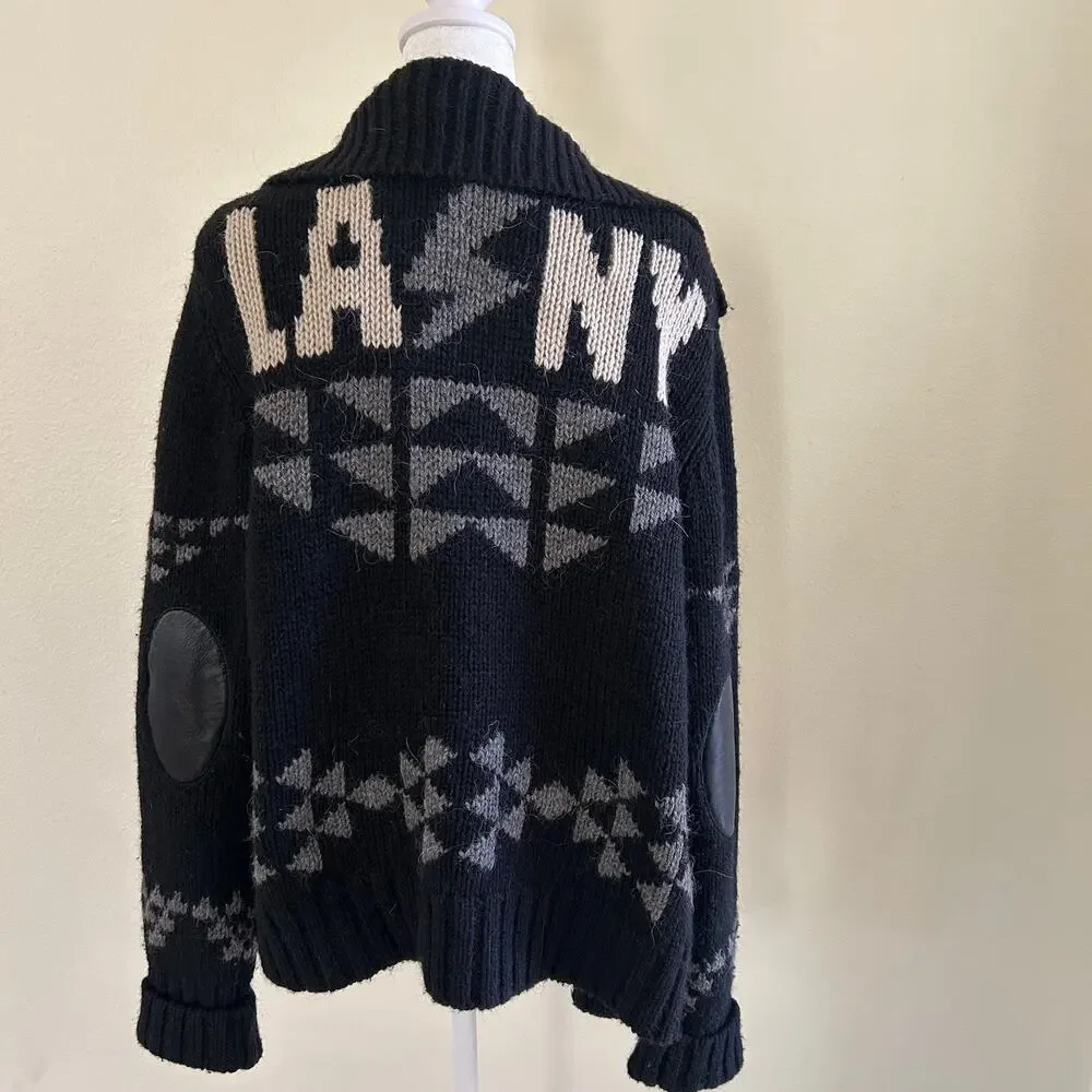 291 Venice Wool Alpaca Cardigan Womens 3/L Black Shawl Collar Elbow Patch LA NY